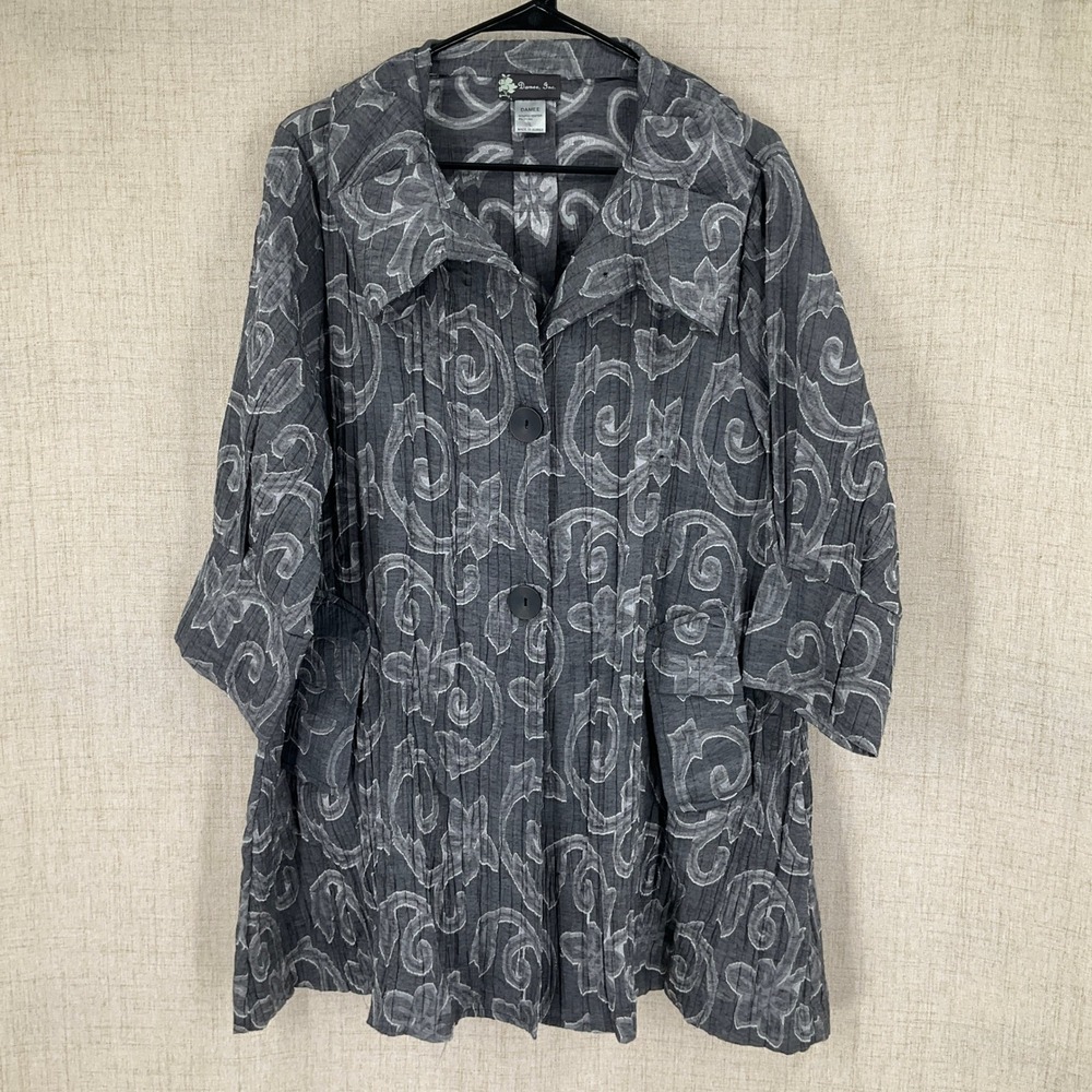 Damee Womens Grey Crinkle Scroll Floral Jacket Sz L Artsy Lagenlook Whimsical